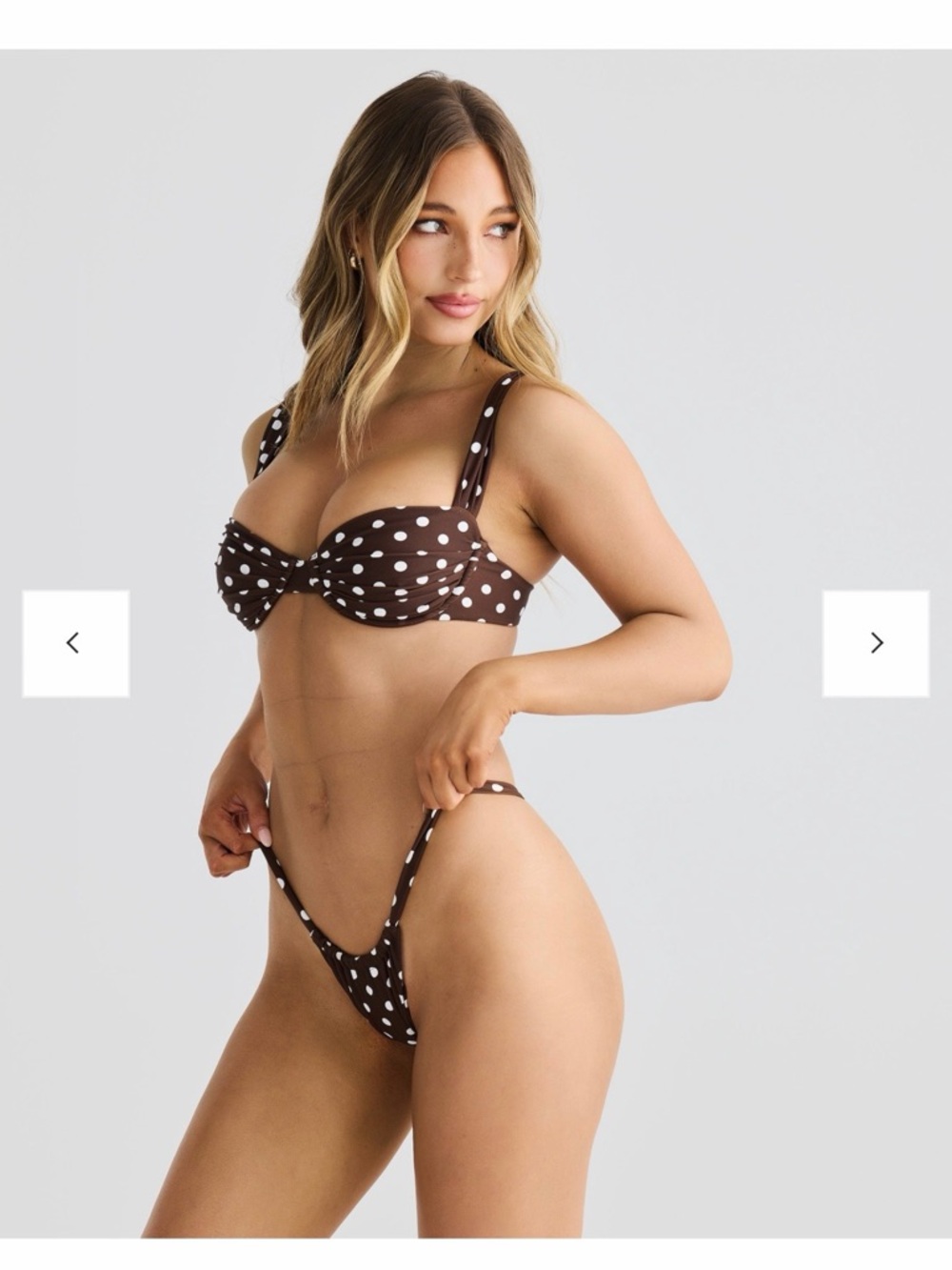 Vacay Swimwear Rhodes Chocolate Polka Dot Bikini Top, Bottoms, and Sarong
